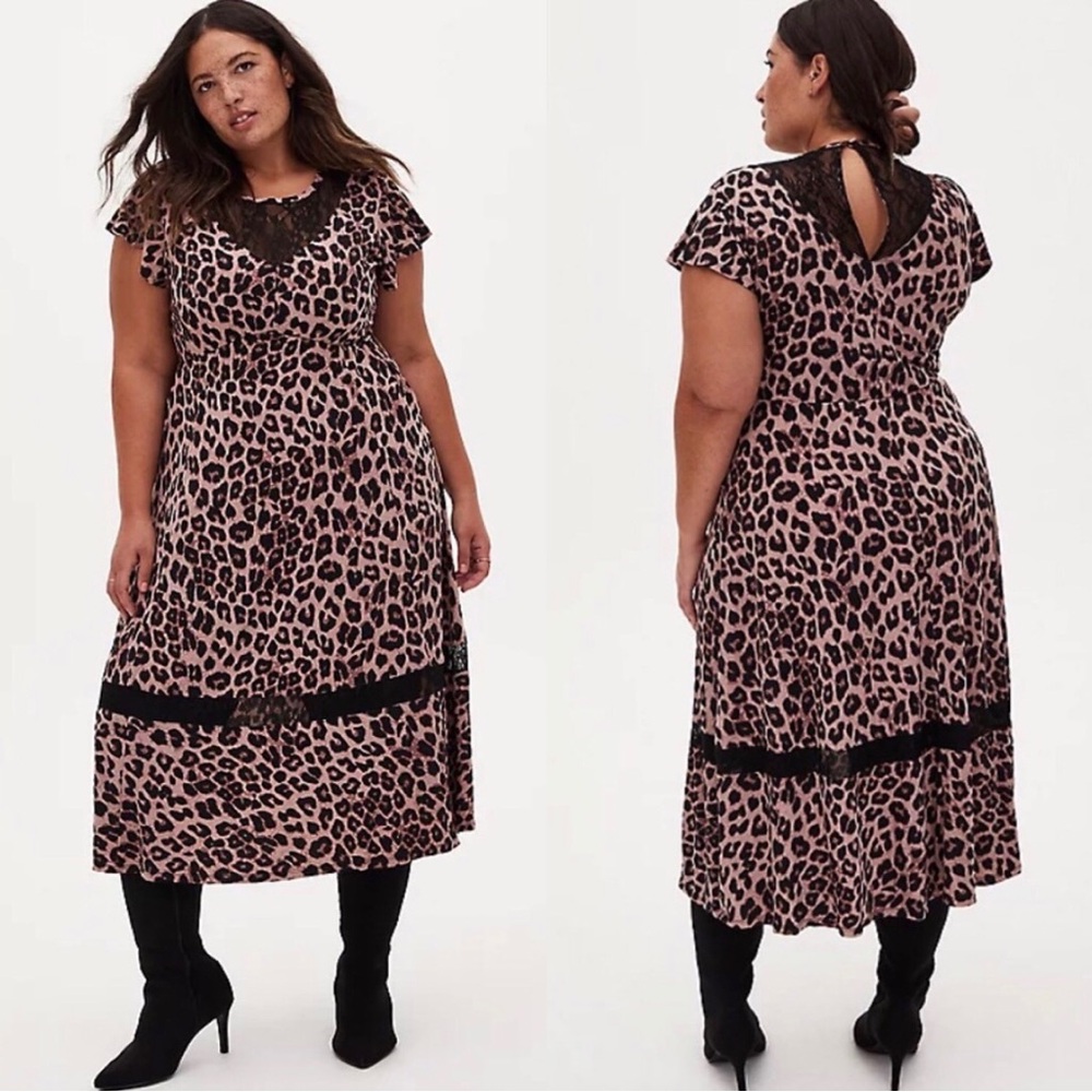 Torrid Brown Lace Leopard Print Short Sleeve MIDI Dress Sz 2 2X Boho Mobwife